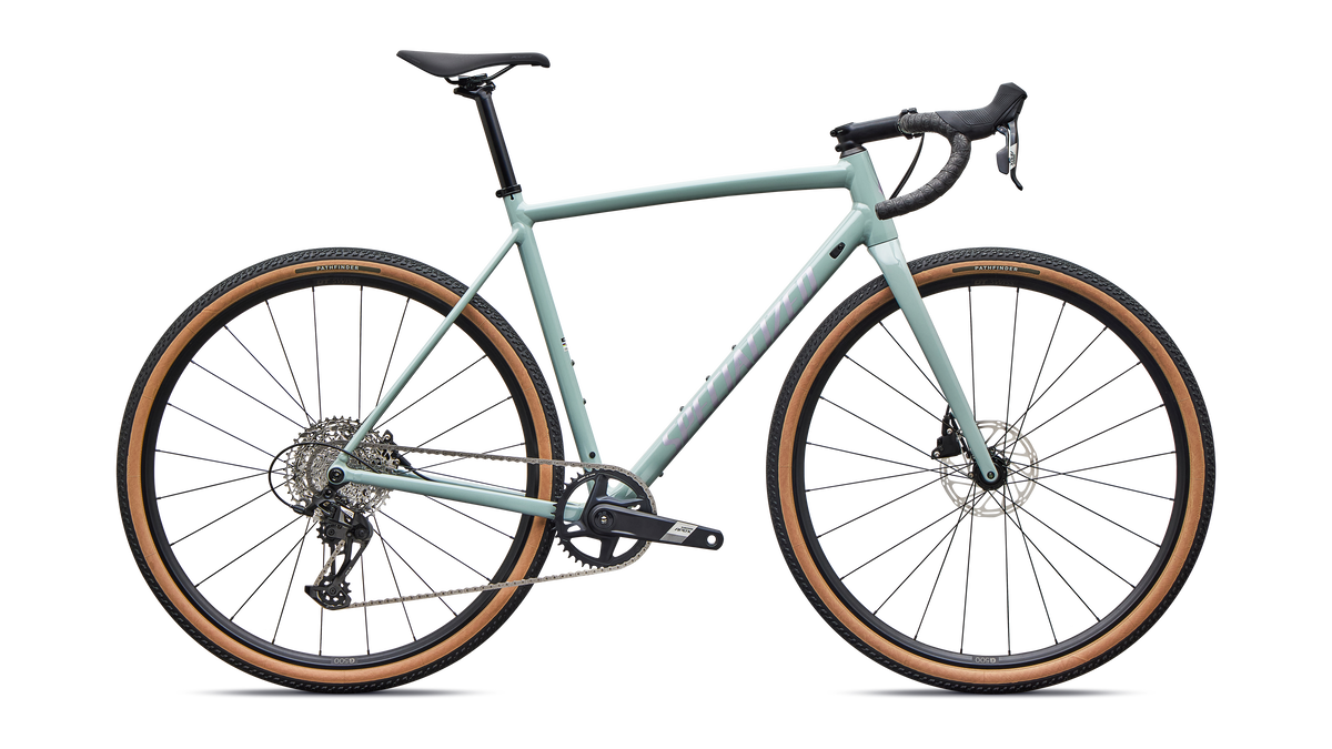 Specialized Crux DSW Comp SRAM Apex XPLR gravel bike in Agave Grey / Amethyst Frost, side profile