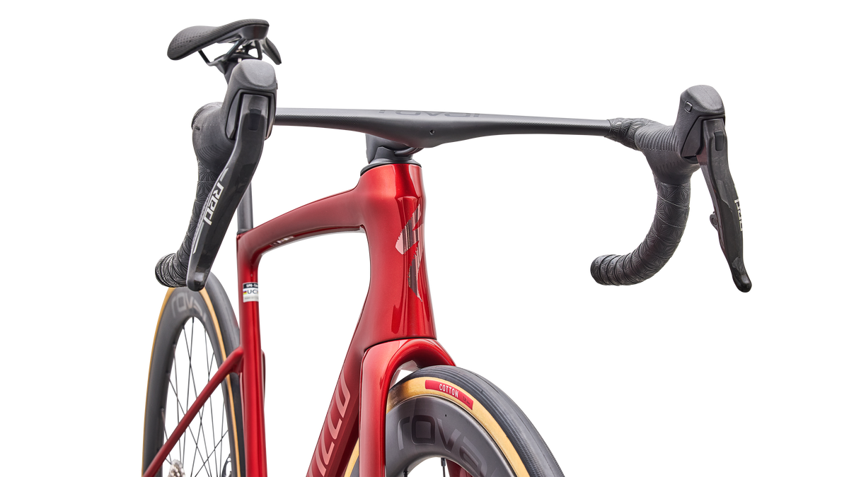 Tarmac SL9 Speed Sniffer head tube detail, Cayenne Metallic