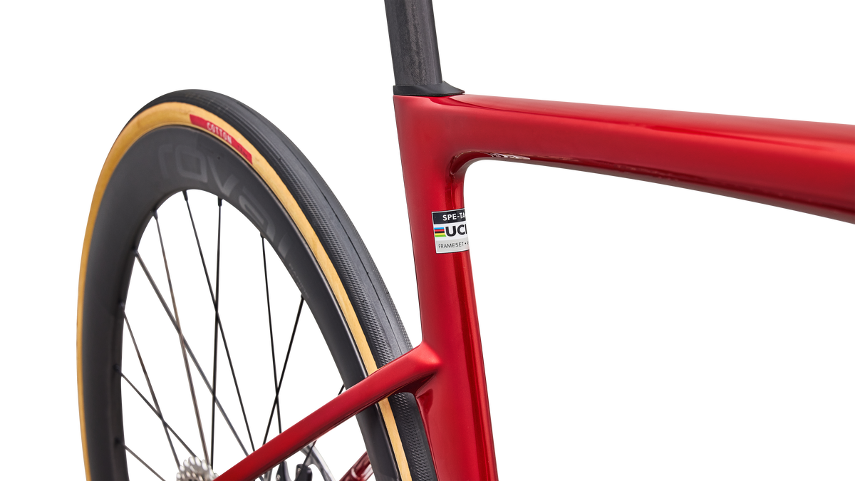 Tarmac SL9 seat tube and seatpost detail, Cayenne Metallic
