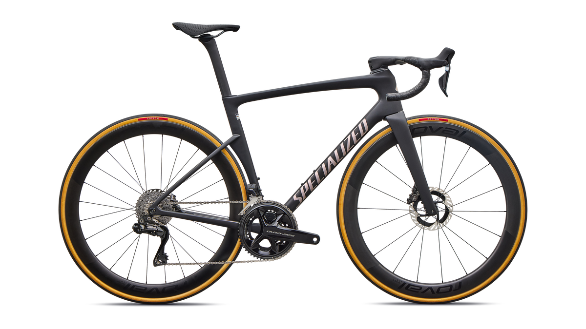 Specialized Tarmac SL9 S-Level Shimano Dura-Ace Di2 road bike in Satin Carbon / Silver Dust, side profile
