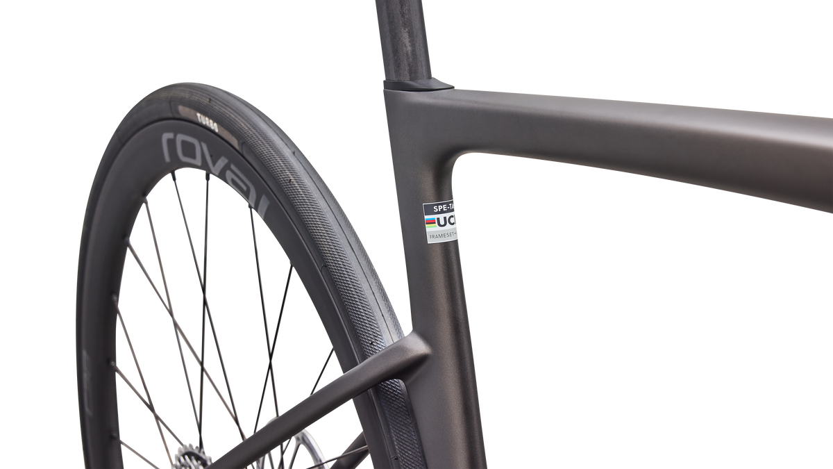 Tarmac SL9 seat tube and seatpost detail, Warm Smoke Metallic