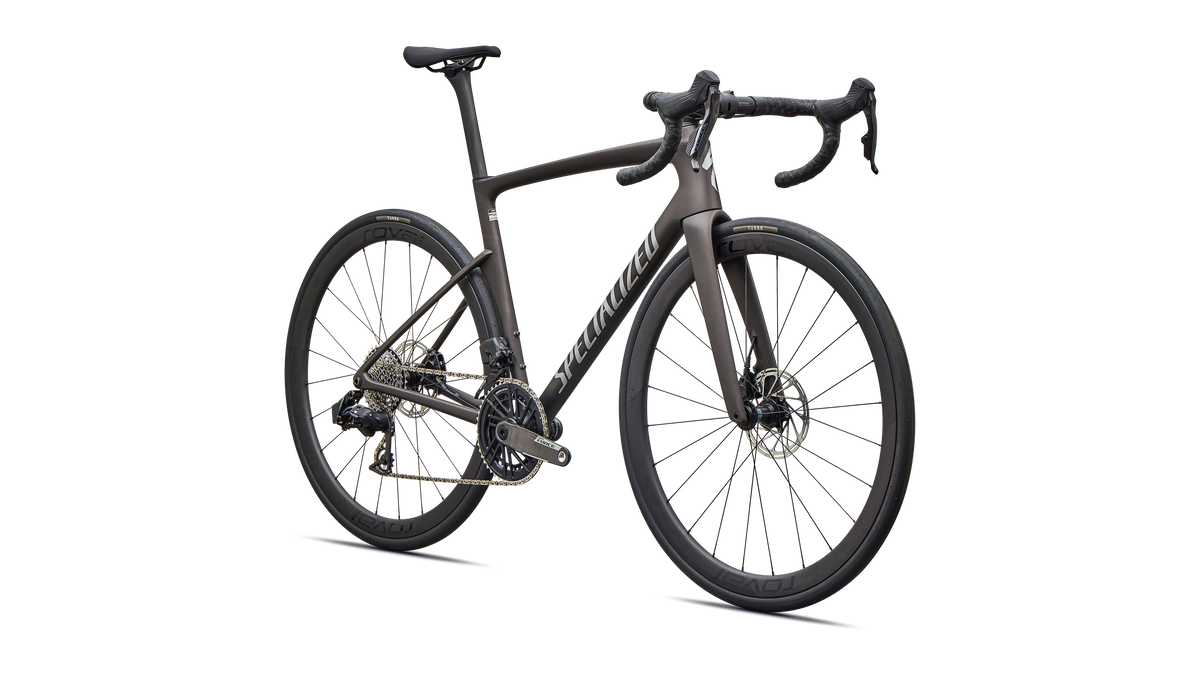 Tarmac SL9 Expert SRAM Force AXS front end detail, Warm Smoke Metallic
