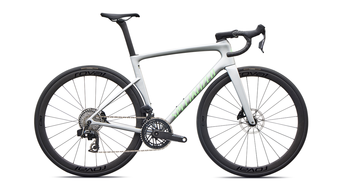 Specialized Tarmac SL9 Expert SRAM Force AXS road bike in Gloss Silver Dust / Powder Lime, side profile