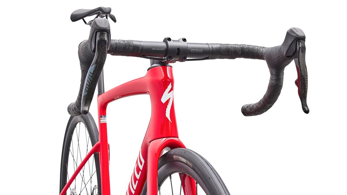 Tarmac SL9 Speed Sniffer head tube detail, Vivid Red
