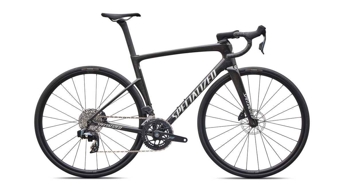 Specialized Tarmac SL9 Comp SRAM Rival AXS road bike in Gloss Charcoal Tint / Dolomite Metallic, side profile